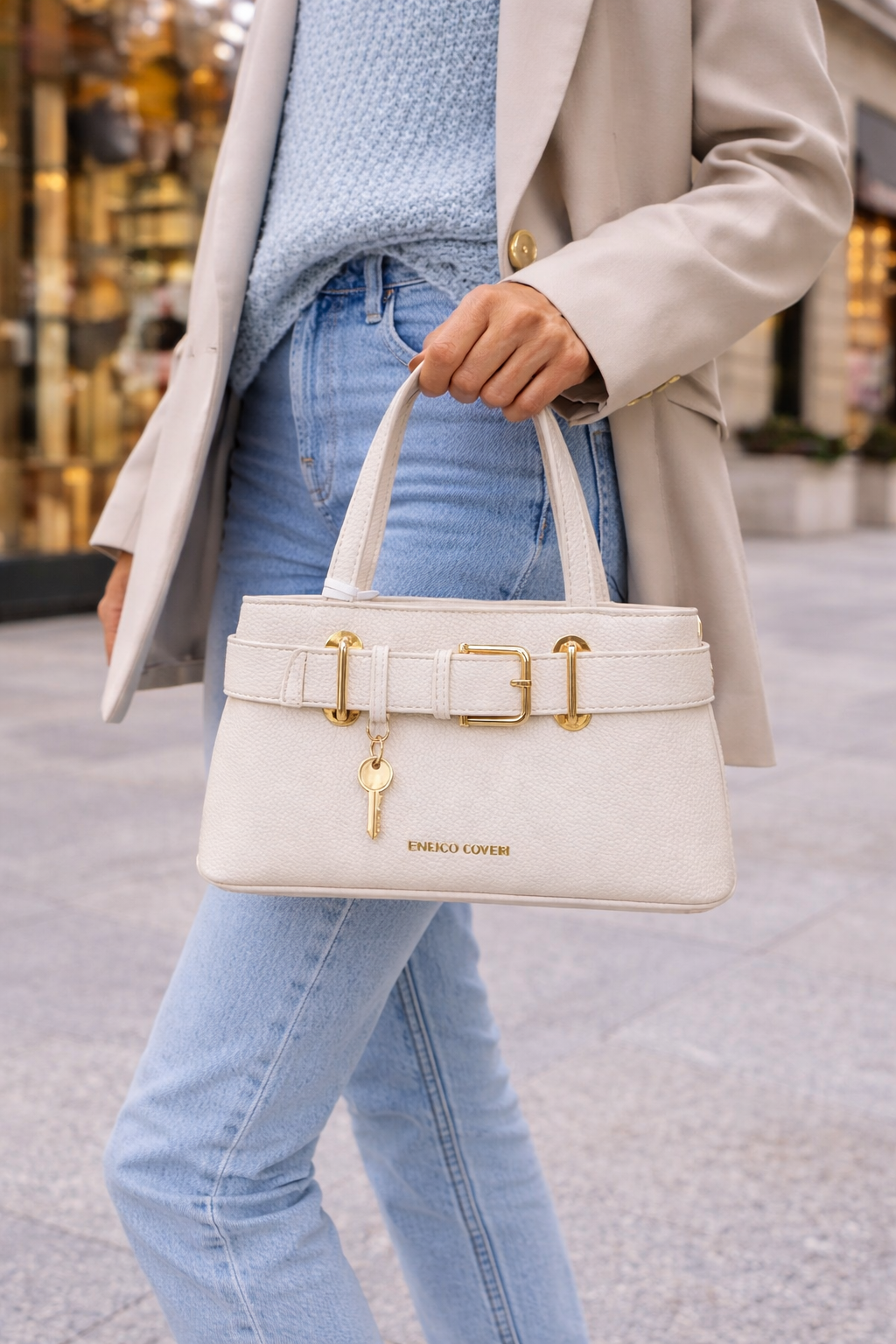 Enrico Coveri- Borsa elegante beige con dettagli oro e tracolla